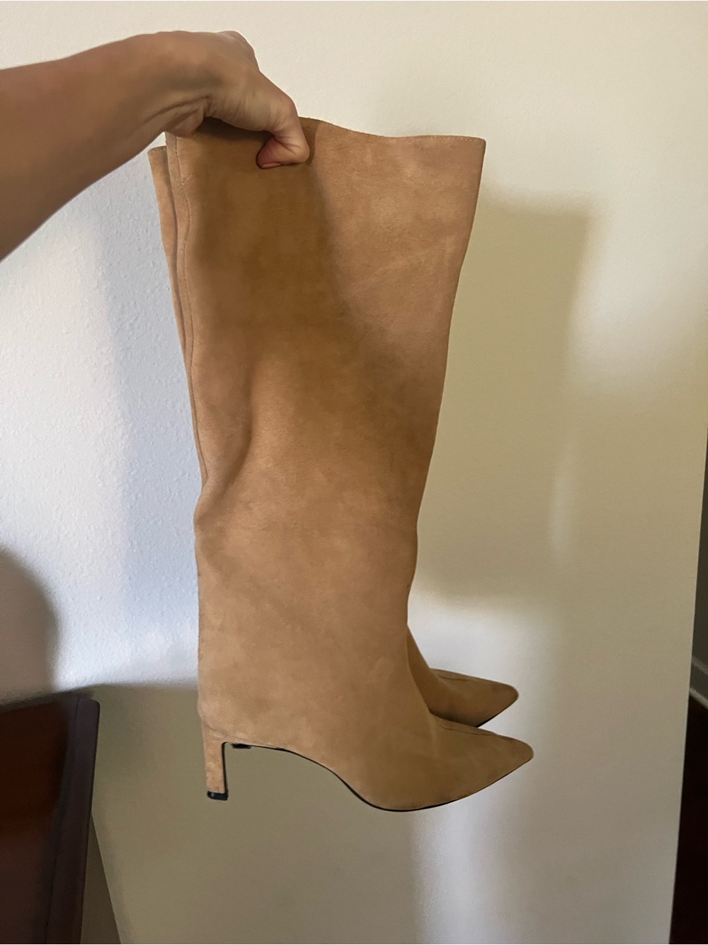 Zara Camel Suede Knee-High Pointed Toe Boots